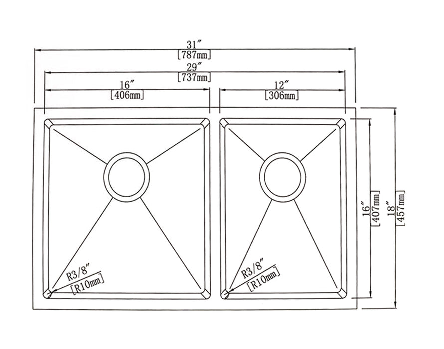 31" MISSION UNDERMOUNT KITCHEN SINK-18G DOUBLE BOWL