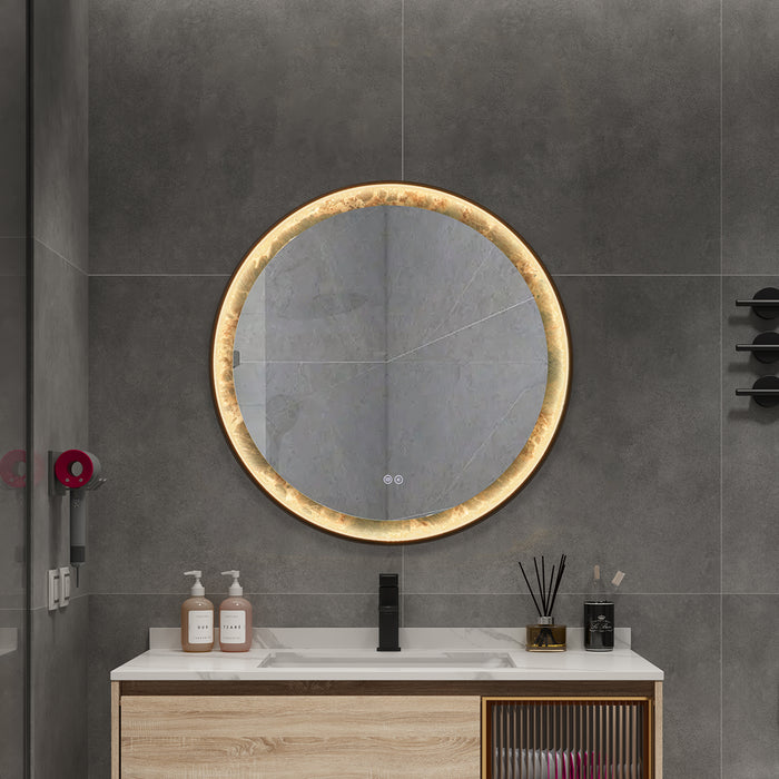 ROUNDY SINGTERED STONE BATHROOM LED VANITY MIRROR - AMAZON GREEN BACKGROUND