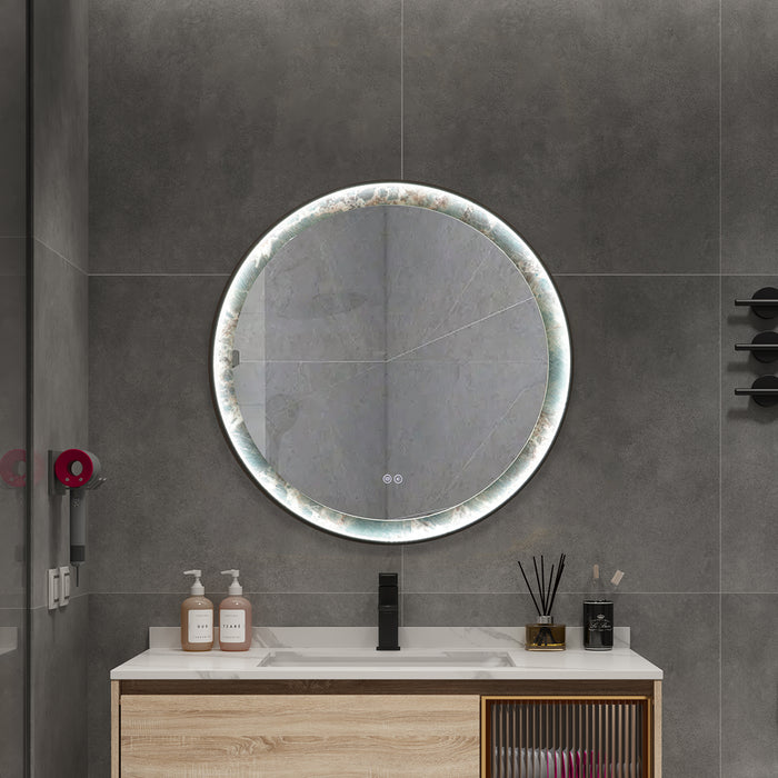 ROUNDY SINGTERED STONE BATHROOM LED VANITY MIRROR - AMAZON GREEN BACKGROUND